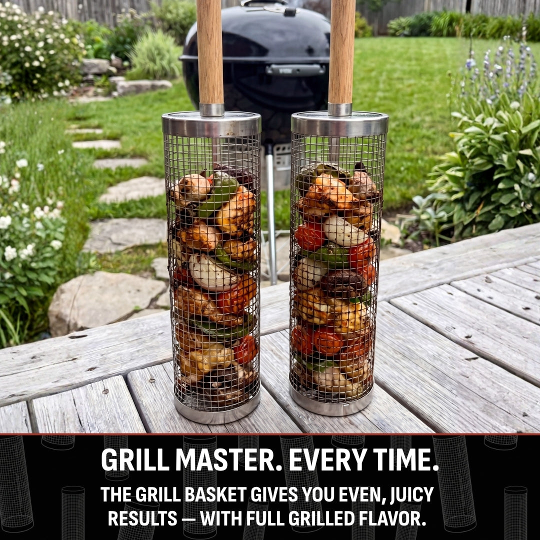 Upright rolling grill baskets filled with cooked ingredients