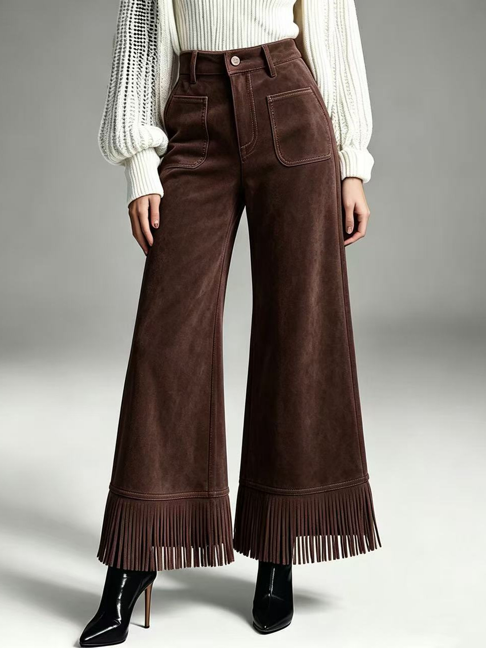 Women's high-waisted faux suede tassel wide-leg pants