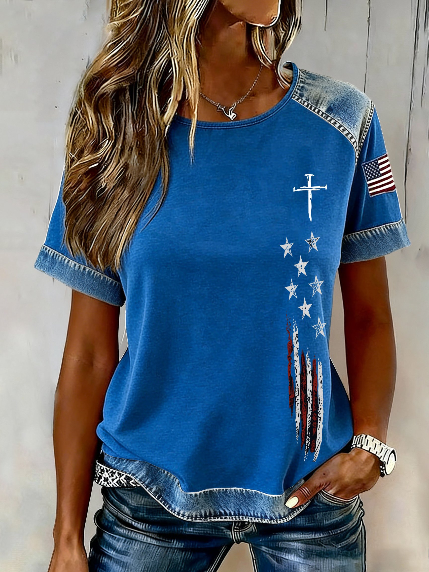 Women's casual retro flag-themed T-shirt
