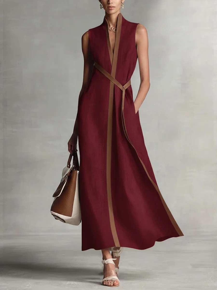 Women's color block linen dress in navy blue, full length view showing stand collar and sleeveless silhouette