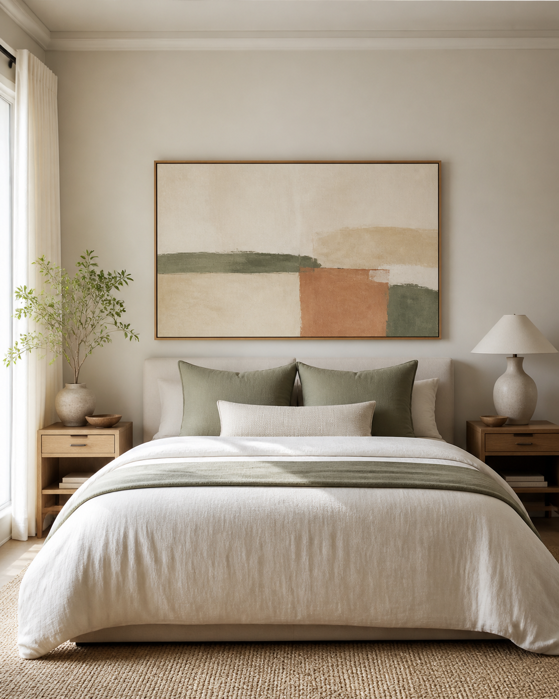 A horizontal artwork and a headboard read as one composed unit in a bedroom.