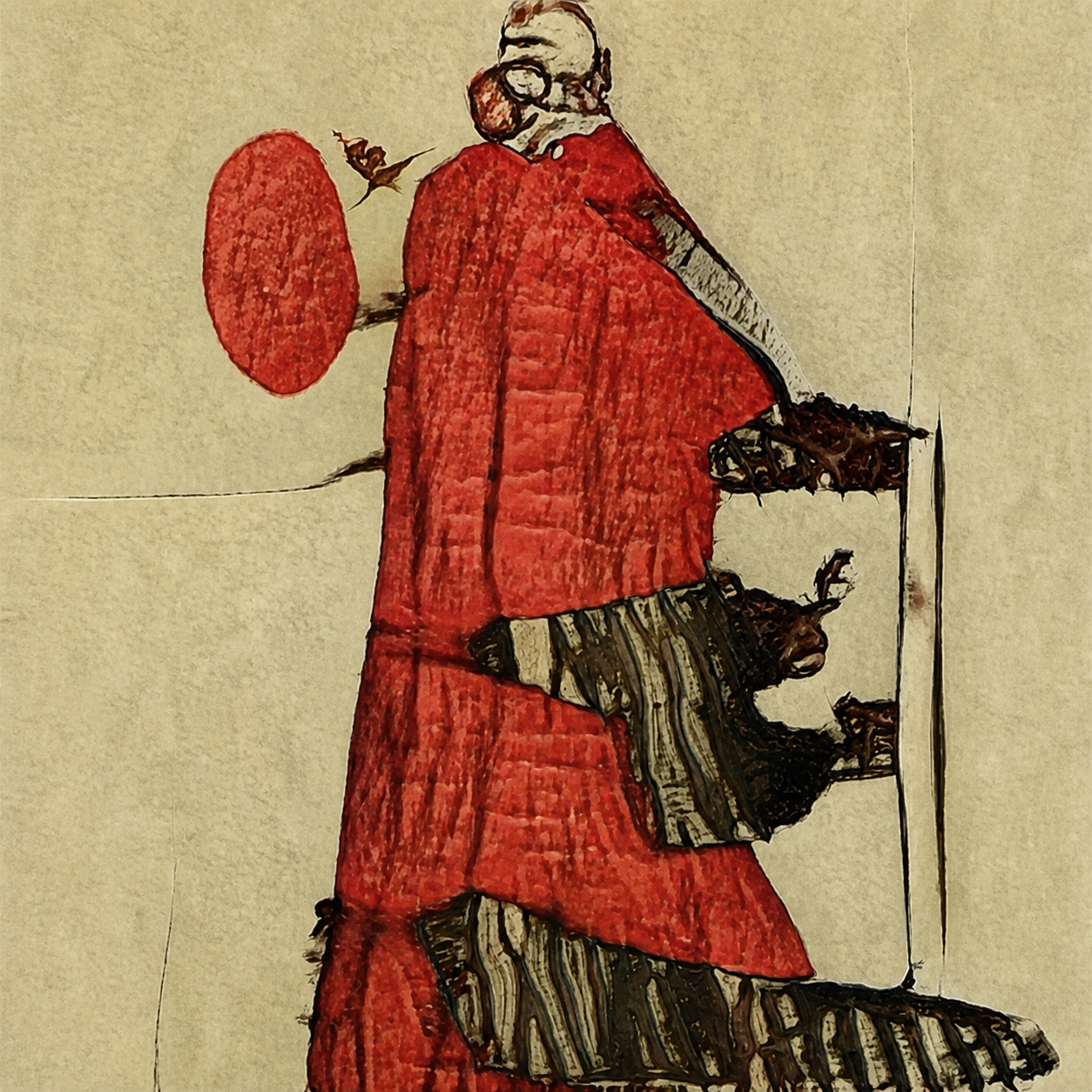 A red cloaked figure-like form and a separate red oval stand against a pale yellow ground with dark interruptions.