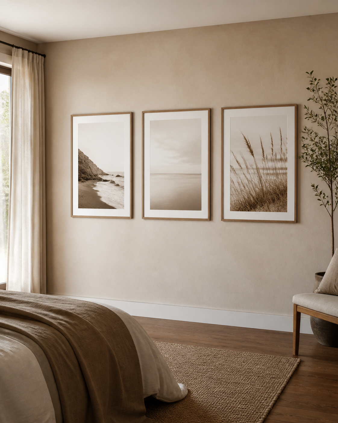 Three equal-size works form one calm composition on a wide bedroom side wall.