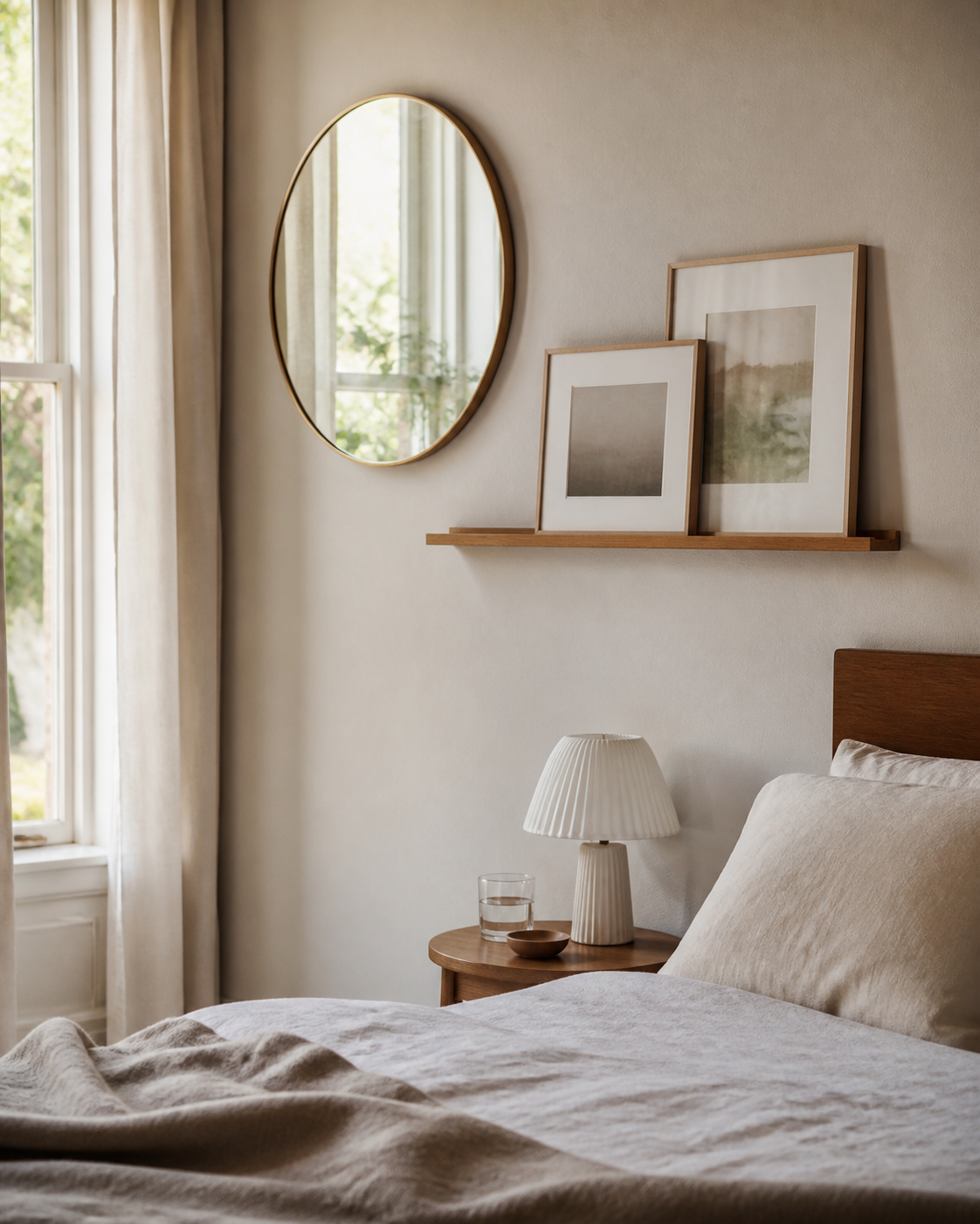 A round mirror and lightweight picture shelf serve light and reversible display on a functional bedroom wall.