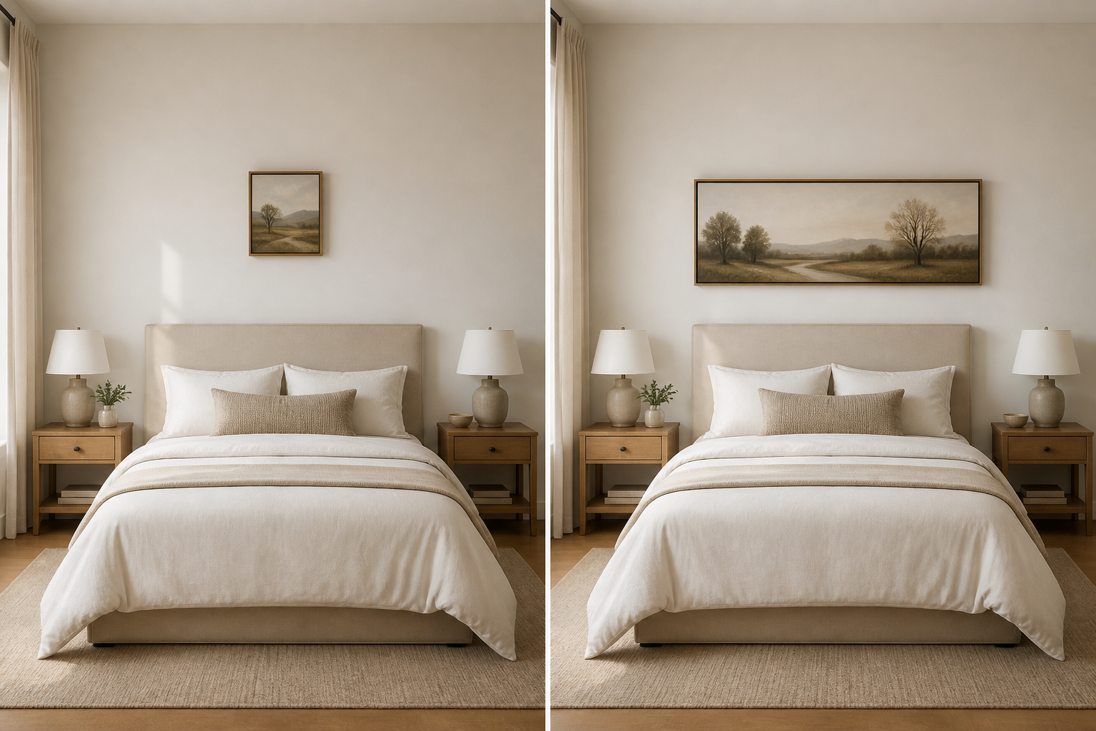 Side-by-side view of the same neutral bedroom: art at left is too small and high, while the horizontal work at right relates to the headboard.