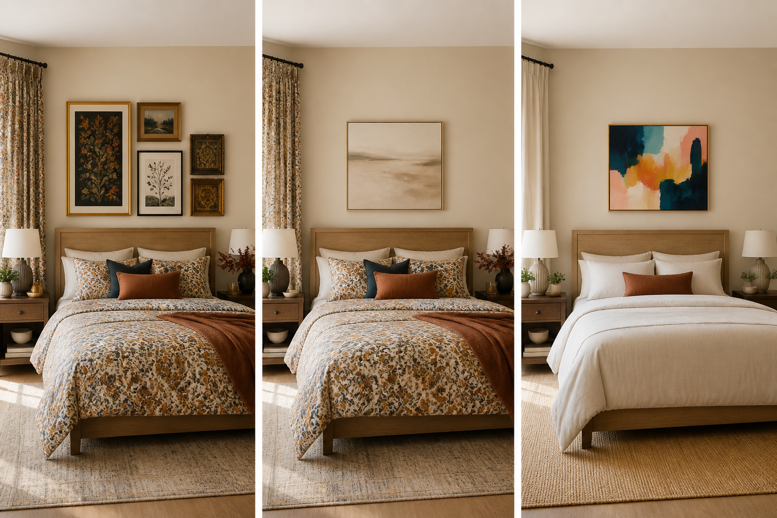 Three versions of the same bedroom: high-contrast bedding and art at left, lower-contrast art that gathers the room in the center, and a neutral room with one colorful focal work at right.