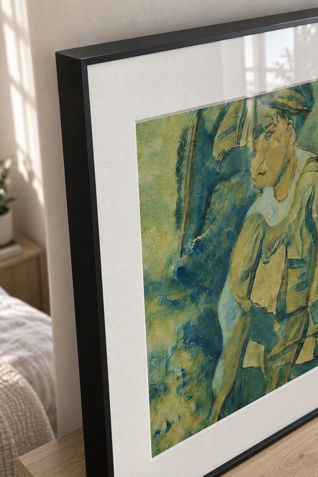 Framing detail of the same green and gold portrait, with a black frame and light fabric liner