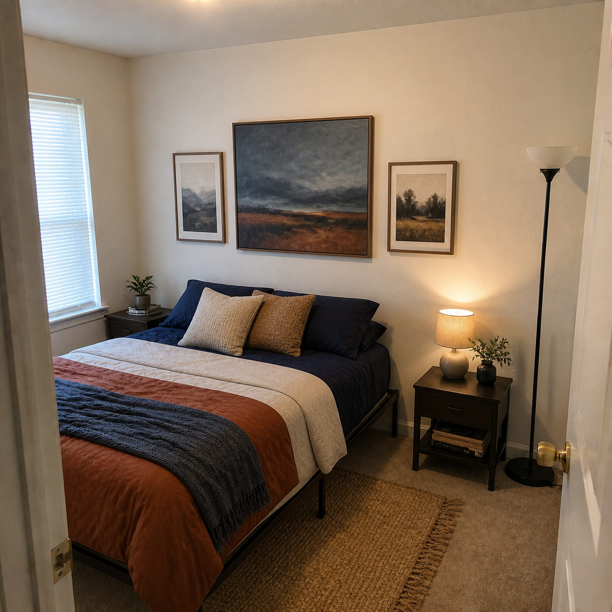 AI-generated illustration of the same fictional bedroom with three coordinated artworks, bedding, a rug and bedside lighting.