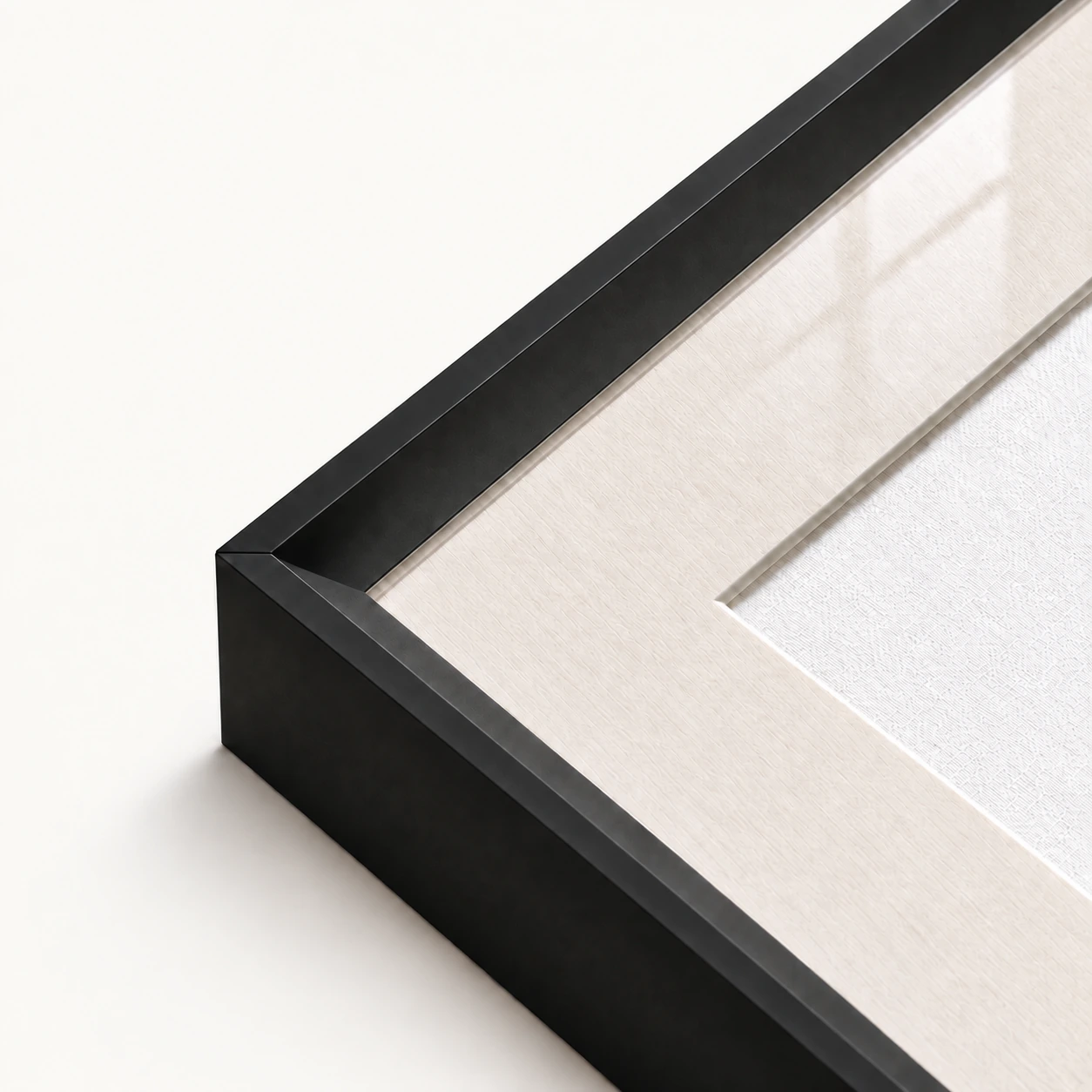 Black precision-cut aluminum frame with mat and acrylic glazing