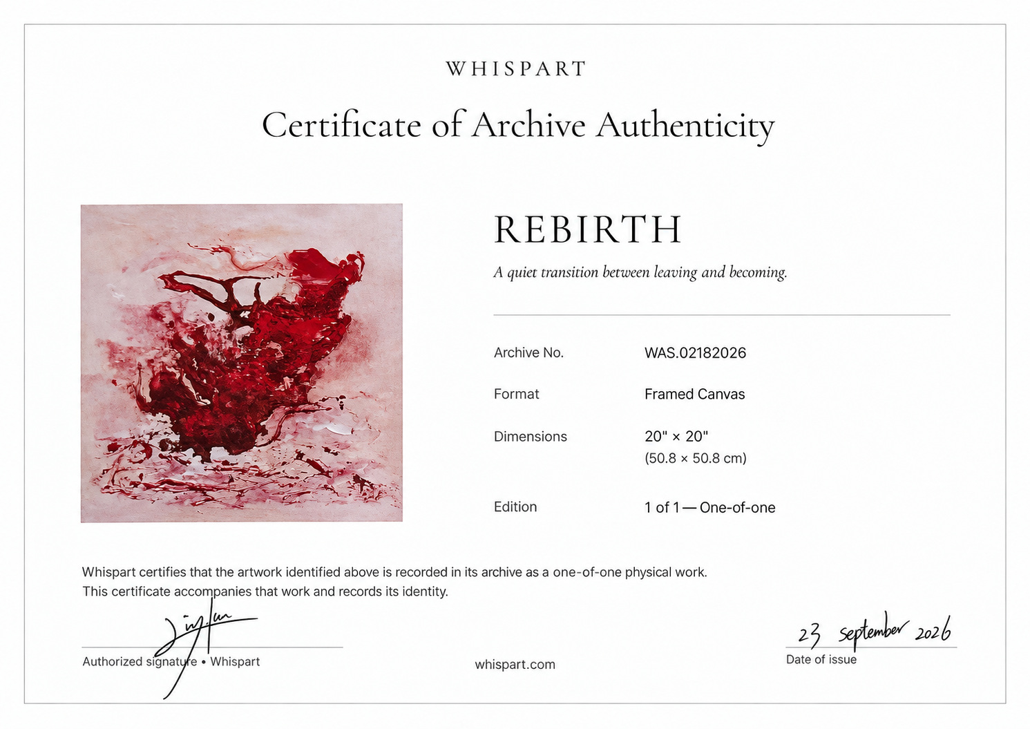 REBIRTH Certificate of Archive Authenticity, showing the artwork and its archive details