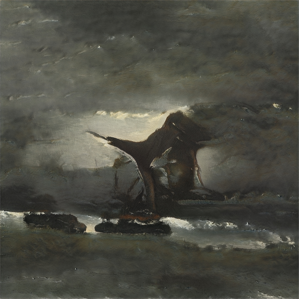 What the Storm Kept: a dark, uncertain shape above a pale horizontal band