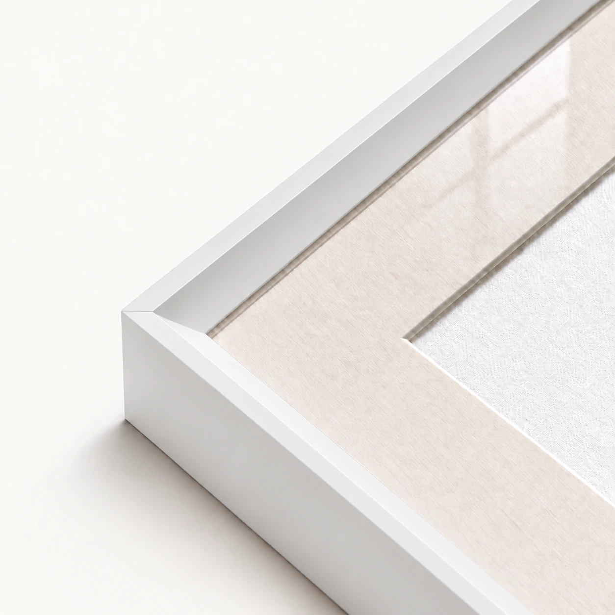 White precision-cut aluminum frame with mat and acrylic glazing