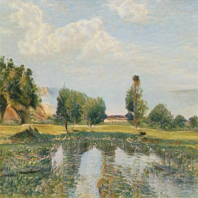 Generated landscape with trees, open fields and reflections in water, from Whispart’s Mnemosyne model.