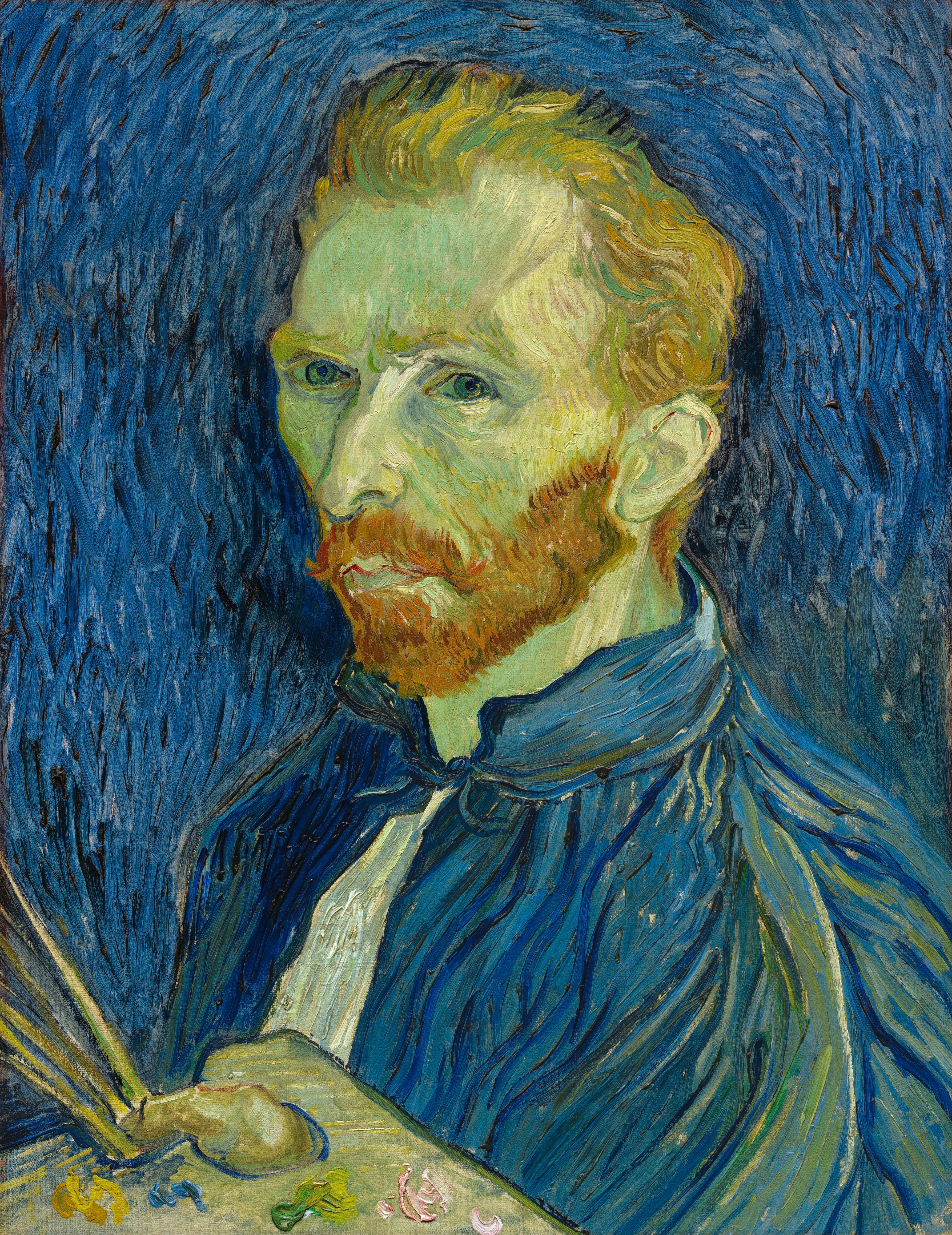 Van Gogh’s orange-rust beard contrasts with his deep blue painter’s smock and surrounding blue background.