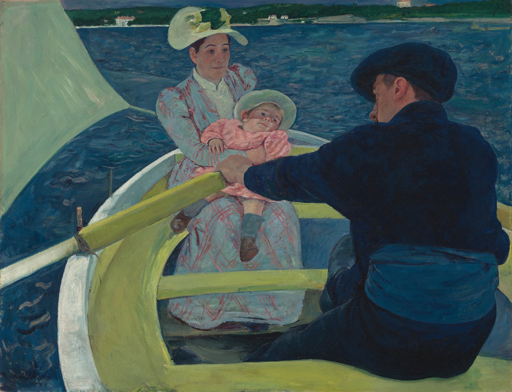 A dark foreground rower, a mother and child, and crossing boat supports in Mary Cassatt’s The Boating Party.