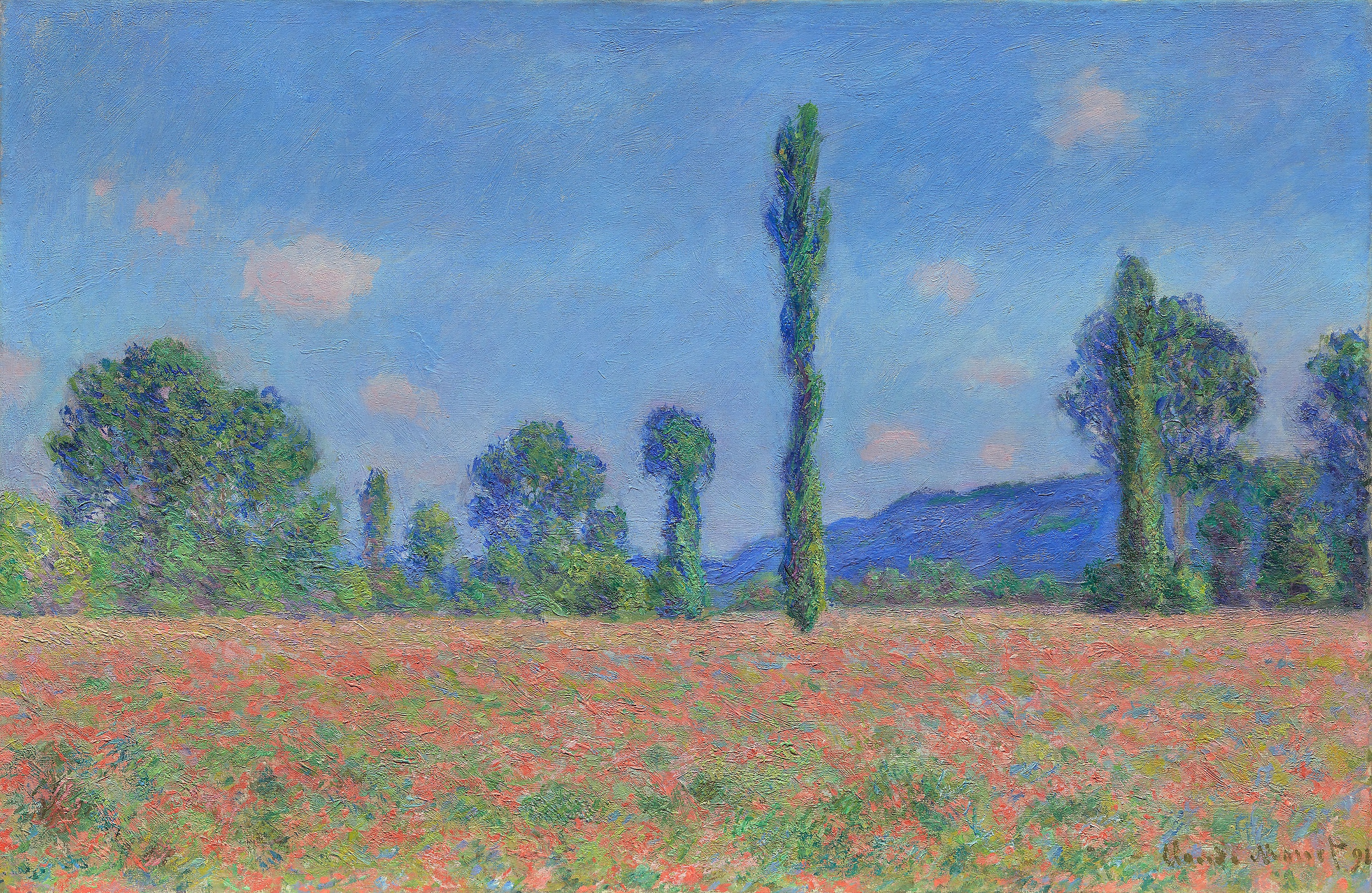 Red and pink poppy marks alternate with green strokes across the foreground of Monet’s field, beneath tall trees and a blue sky.