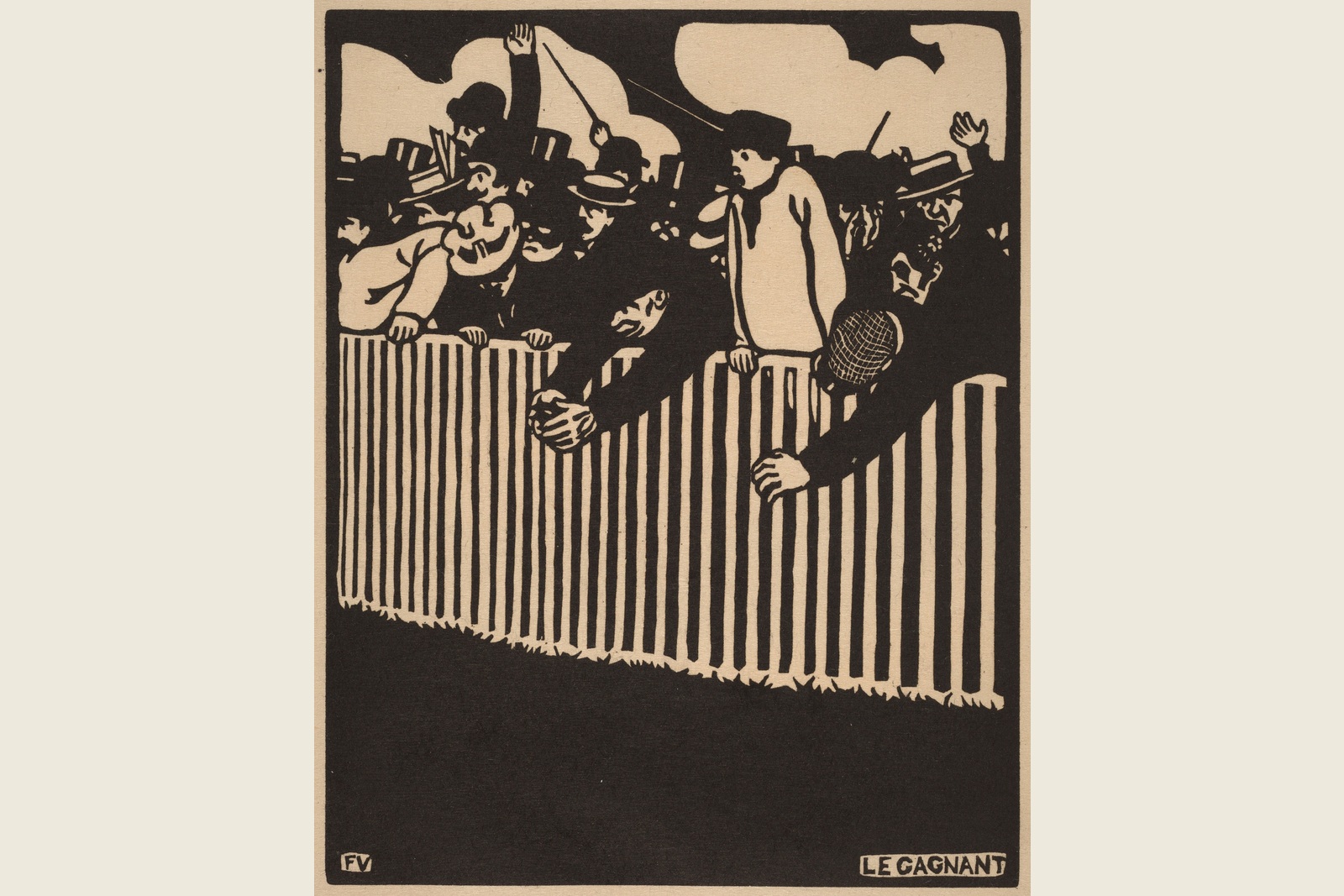 Black and pale shapes describe a crowd leaning toward a railing in Vallotton’s Le Gagnant.