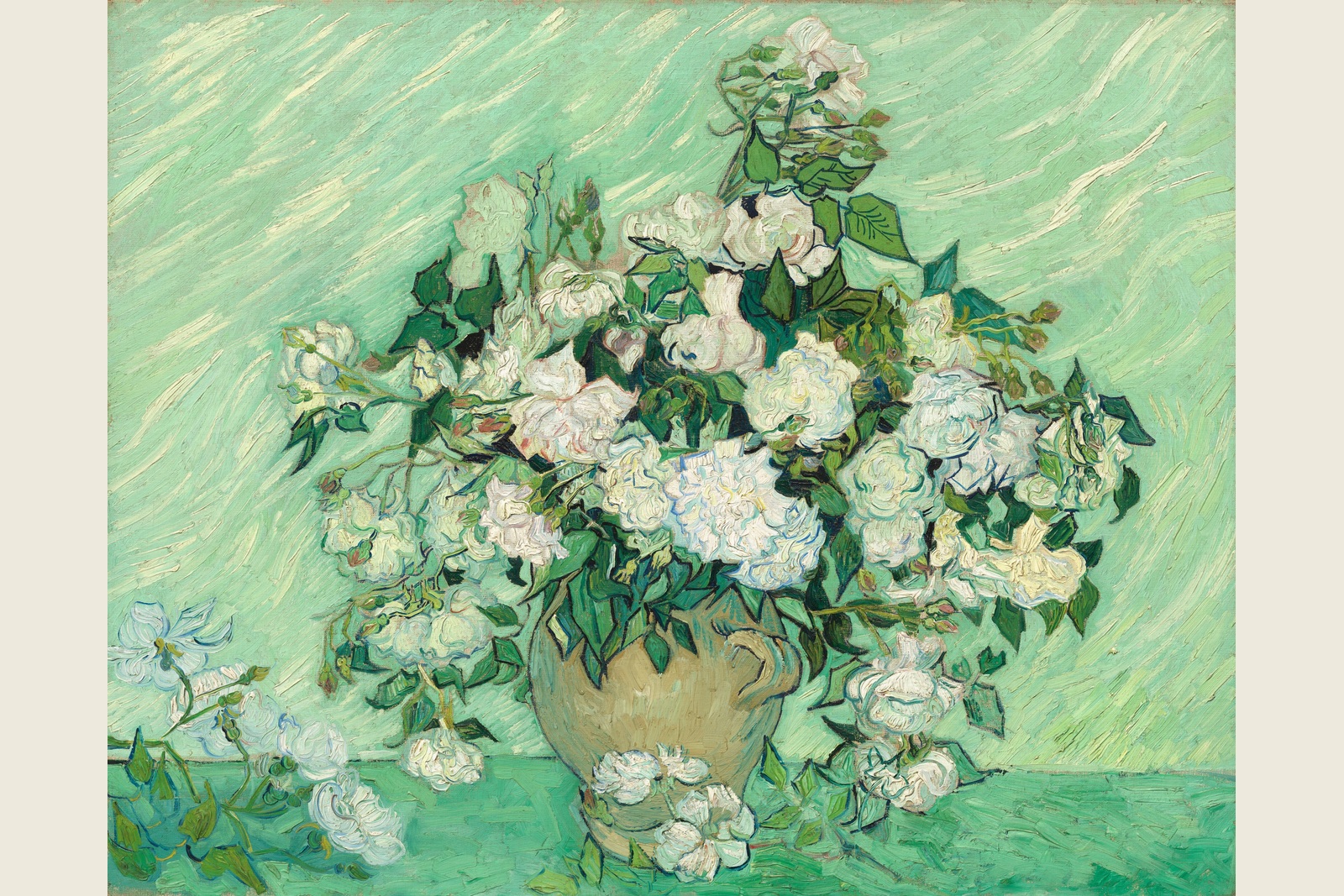 Vincent van Gogh’s Roses: pale flowers and visible curved paint marks against a green background.