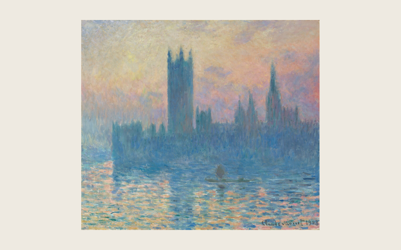 Complete Monet Houses of Parliament sunset painting displayed within a neutral matte.