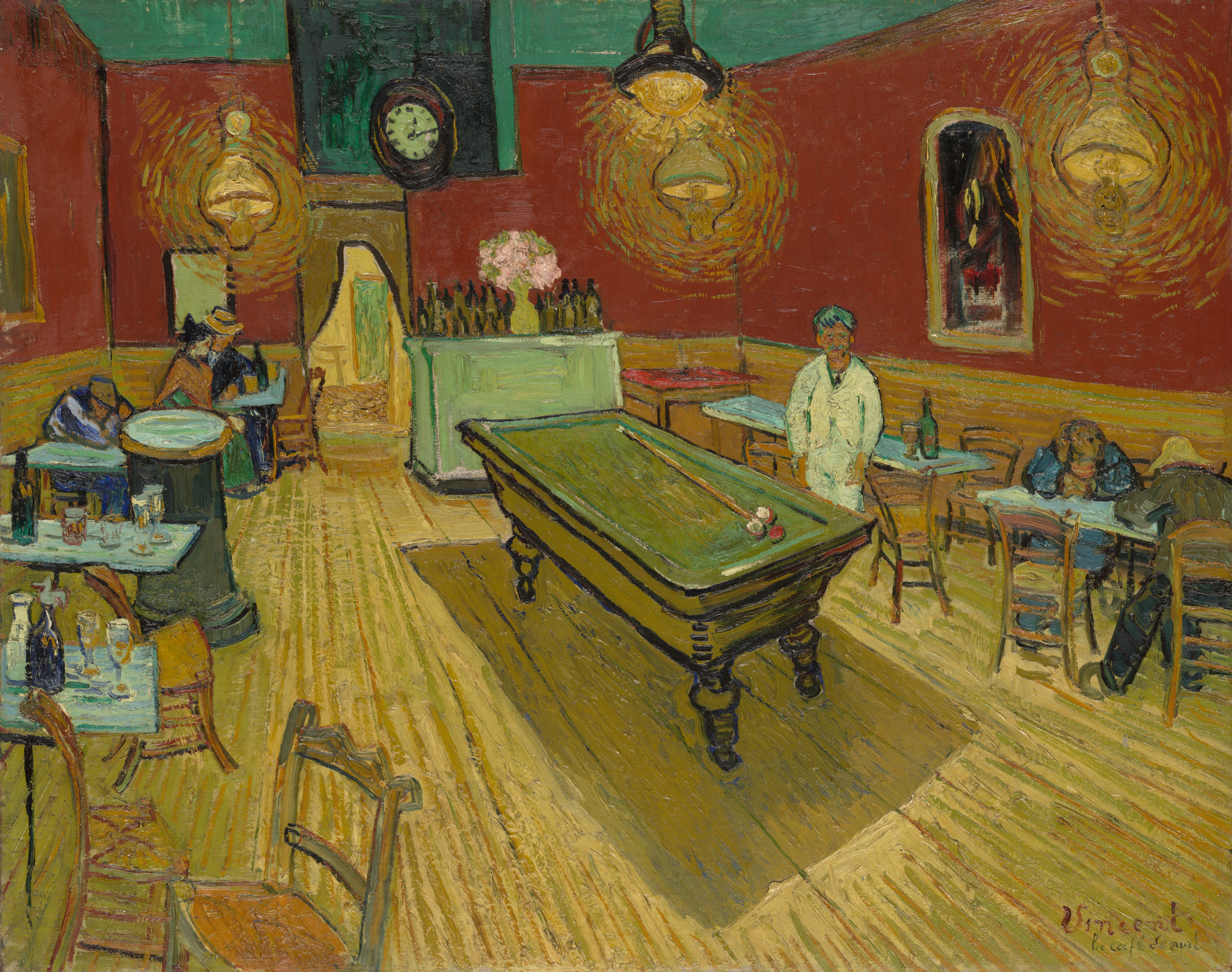 Red walls meet a green ceiling above a green billiard table in Vincent van Gogh’s The Night Café.