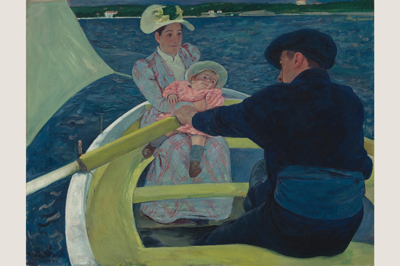 A dark foreground rower, a mother and child, and crossing boat supports in Mary Cassatt’s The Boating Party.