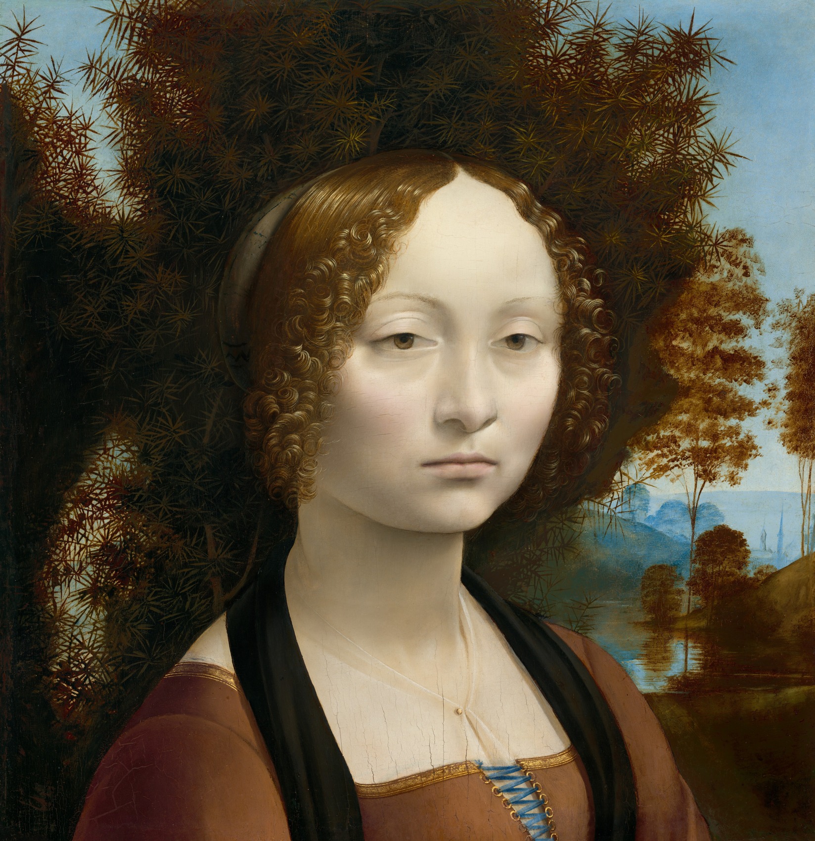 Ginevra’s light face and turned torso against dark juniper, with a landscape on the right.