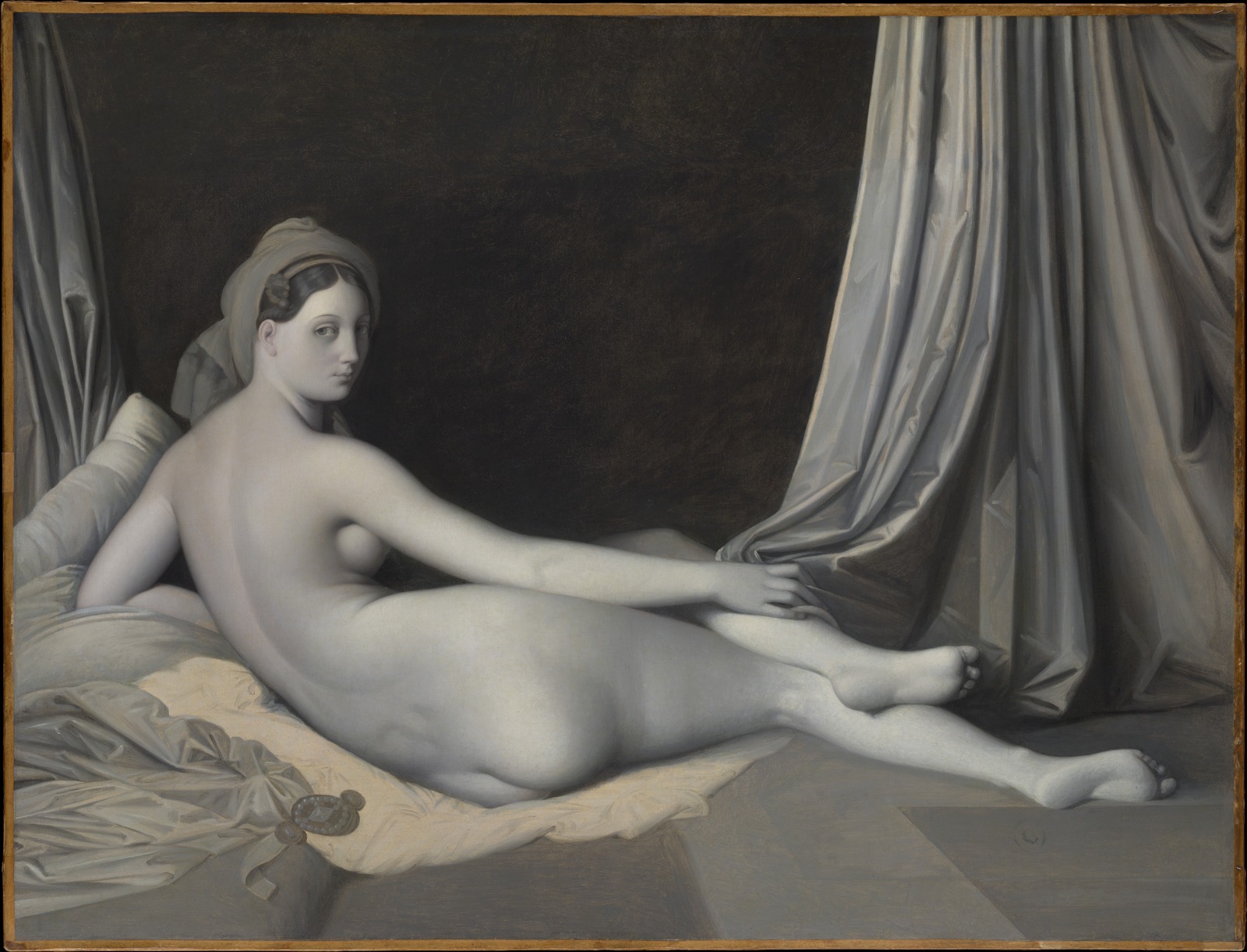 Reclining figure and folded drapery painted largely in gray, with subtle warm passages.
