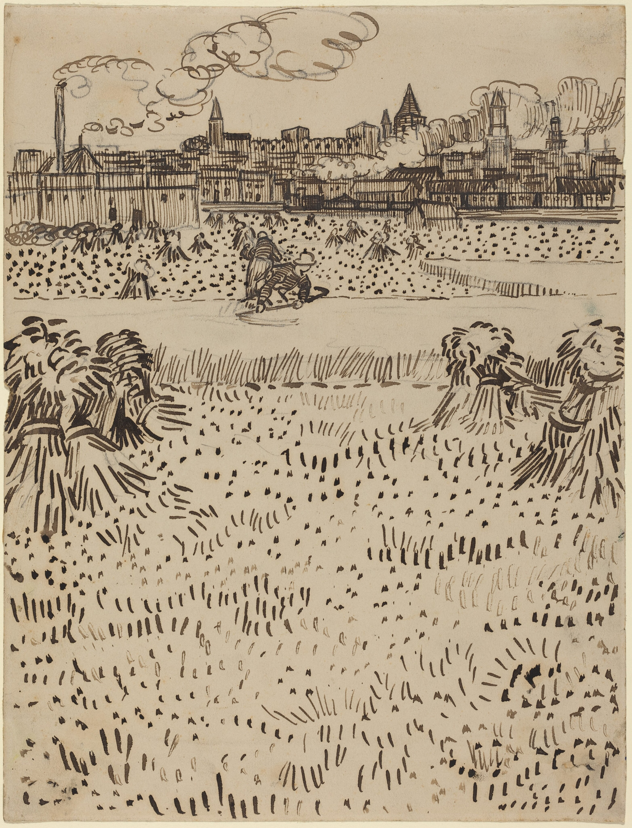 Short upright marks, curved sheaf strokes, and dense architectural lines in Van Gogh’s The Harvest drawing.