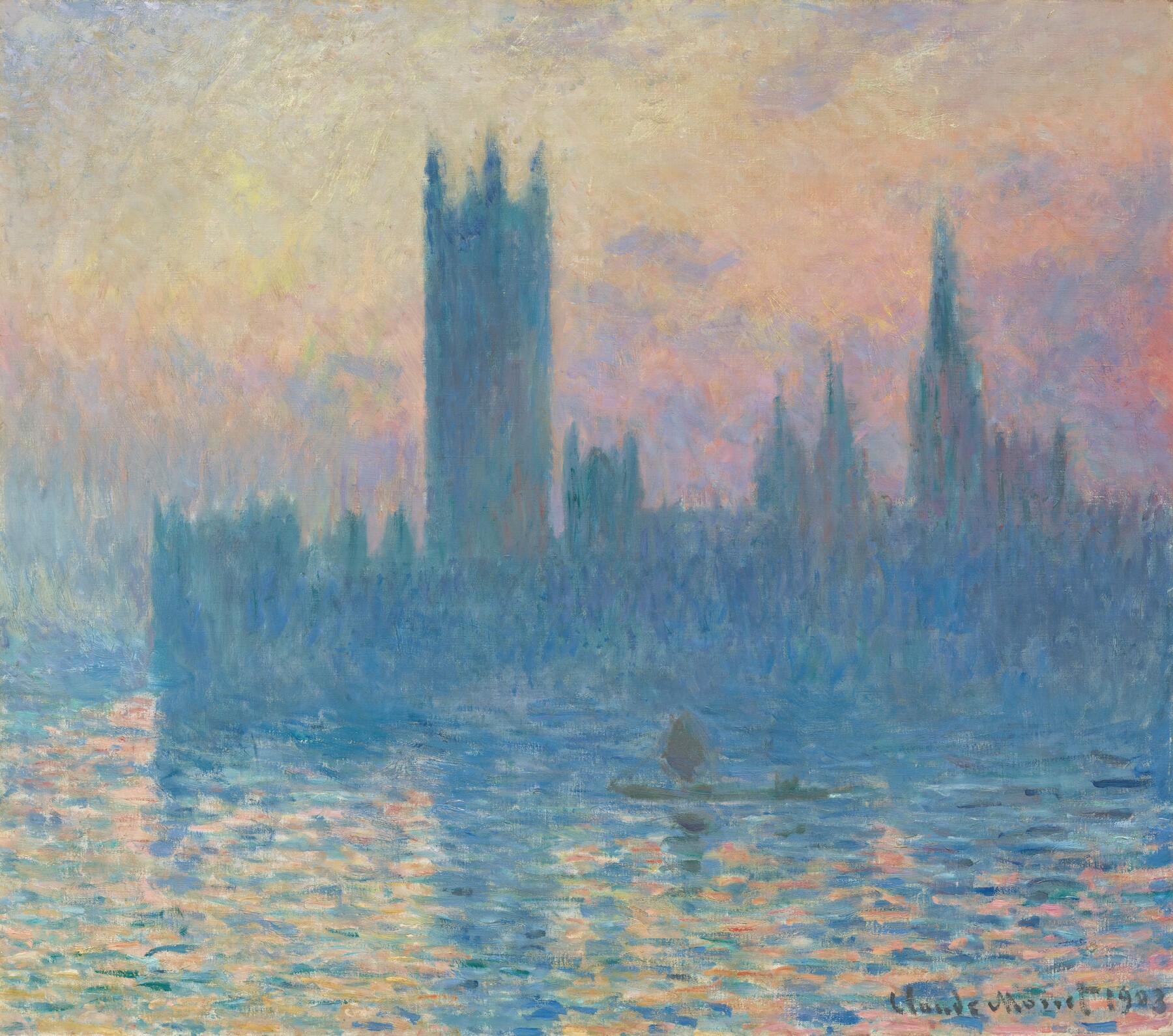 Monet’s Houses of Parliament: blue towers stand against a pastel peach, yellow and pink sky reflected in the river.