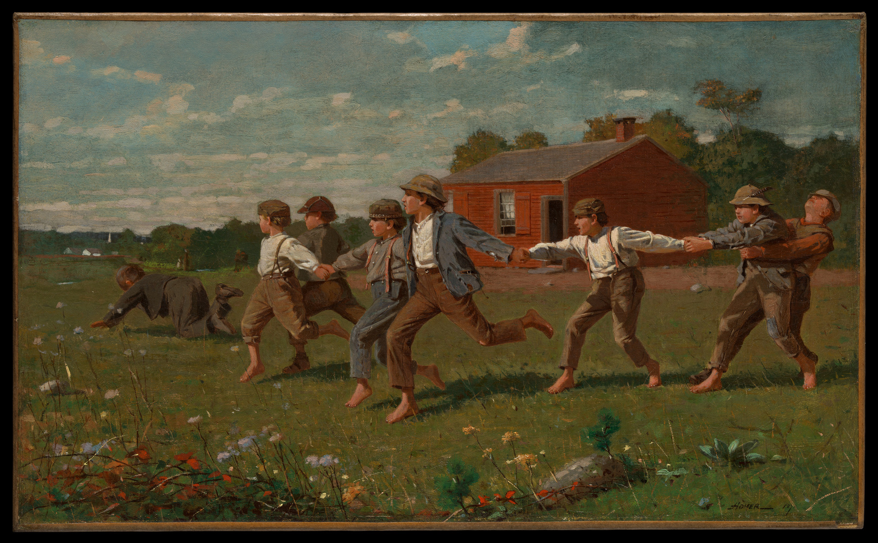 A chain of barefoot children runs across a field with joined hands, outstretched arms and bent legs; a red schoolhouse stands behind them.