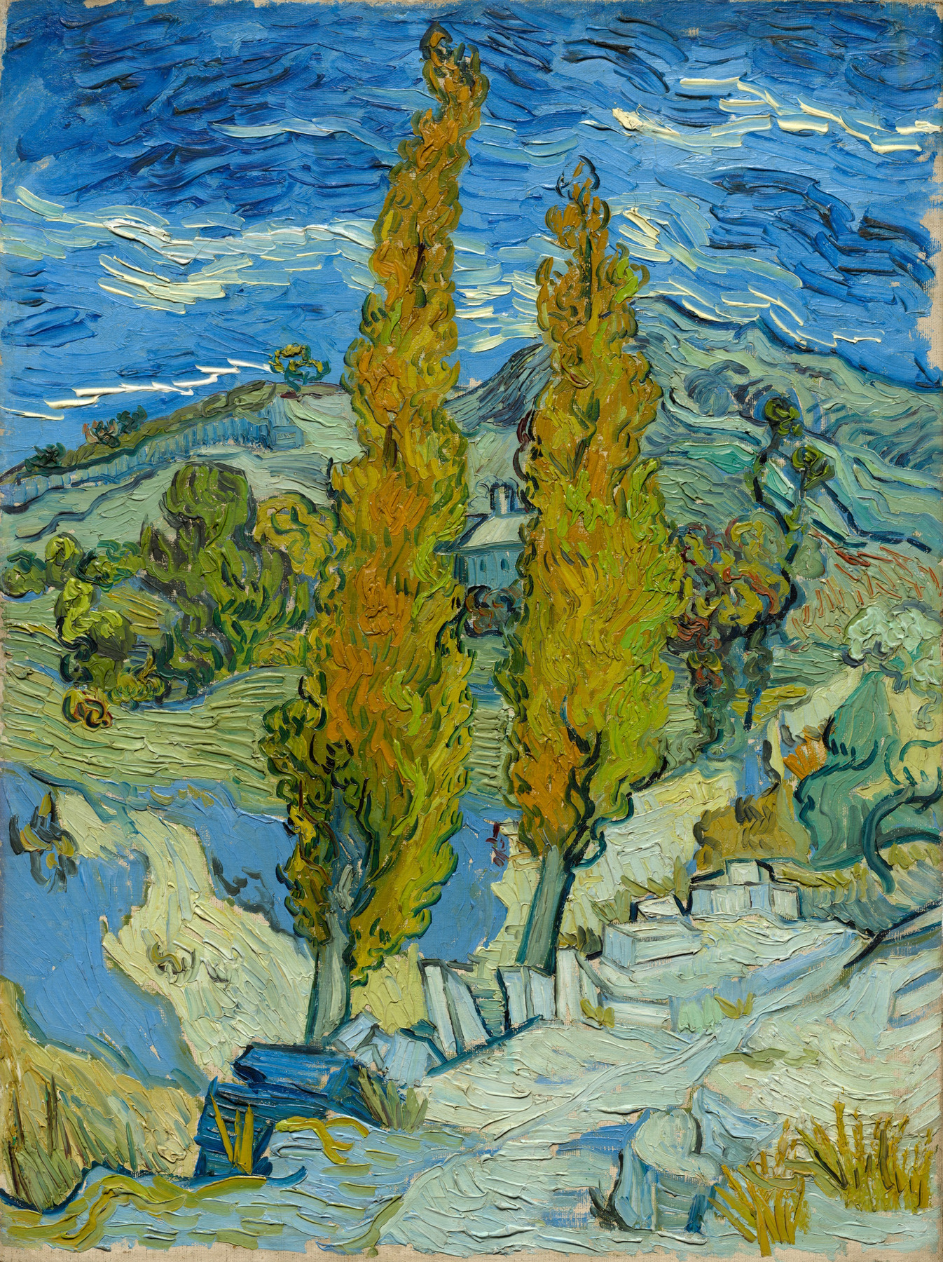Two tall yellow and orange poplar trees rise through curling blue and white sky strokes, above a curving landscape and a small building.