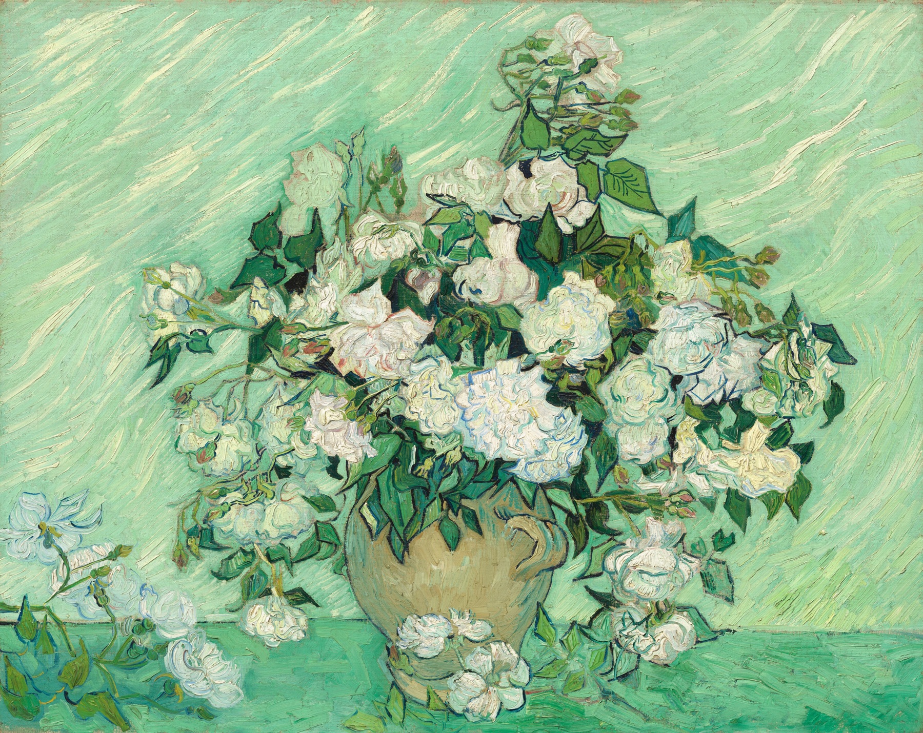Vincent van Gogh’s Roses: pale flowers and visible curved paint marks against a green background.