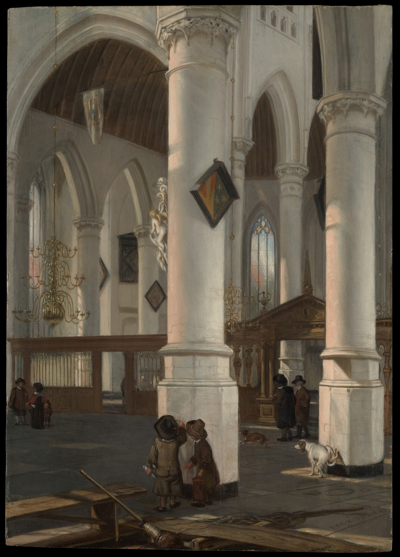 A church interior with a large central white pier, foreground figures and boards, smaller figures farther back, and repeated arches receding to the left.