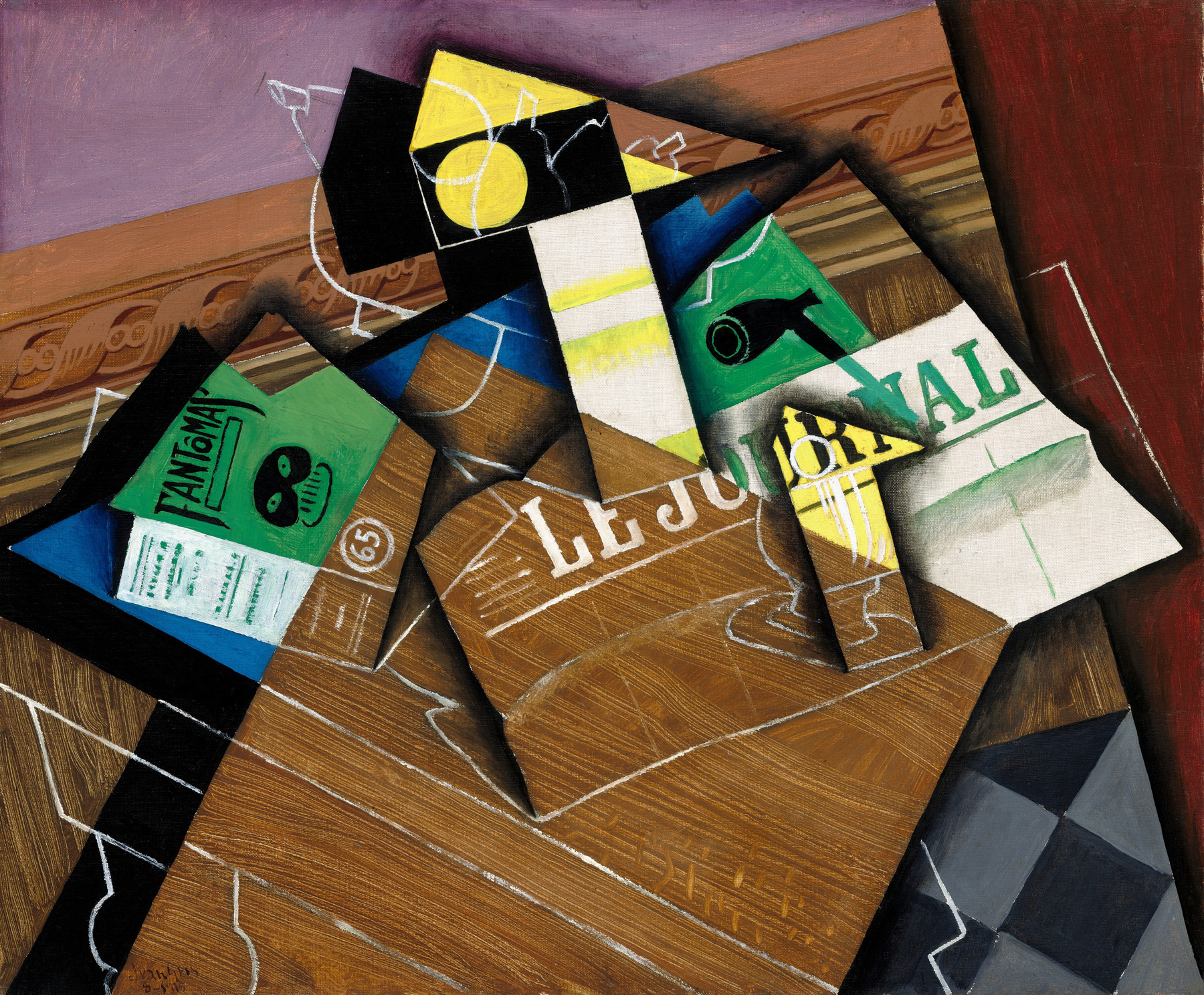 Green, white, black and wood-grain planes overlap in a Juan Gris still life, with lettering, dark shadows and white contours crossing several surfaces.