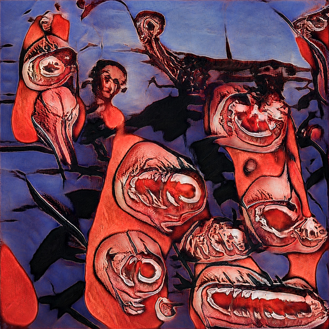 Repeated red organic forms and black branching diagonals across a blue field in A Garden of Teeth.