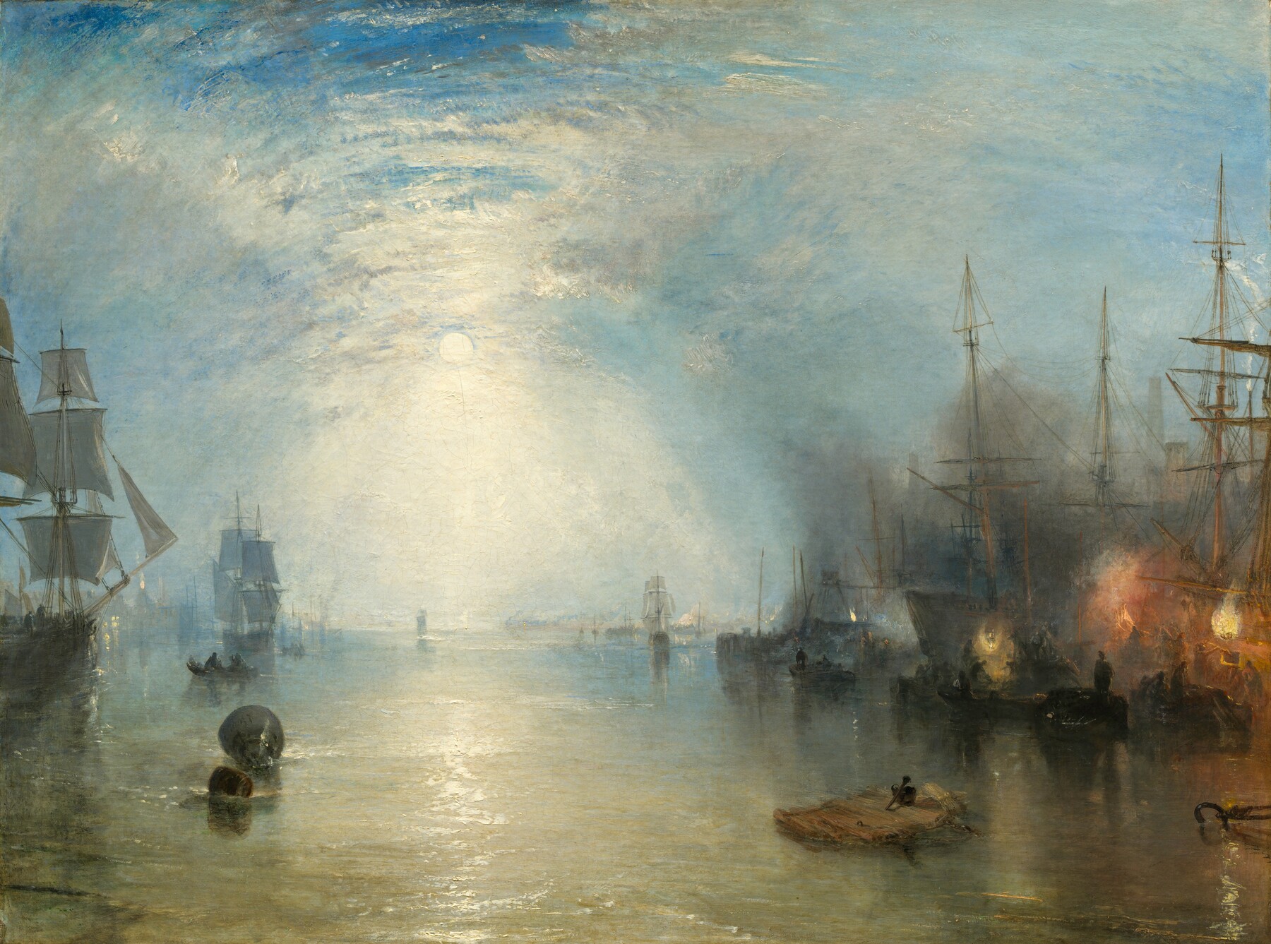 Turner’s moonlit harbor: a small orange flame at right contrasts with silvery light, blue-grey boats and pale water.