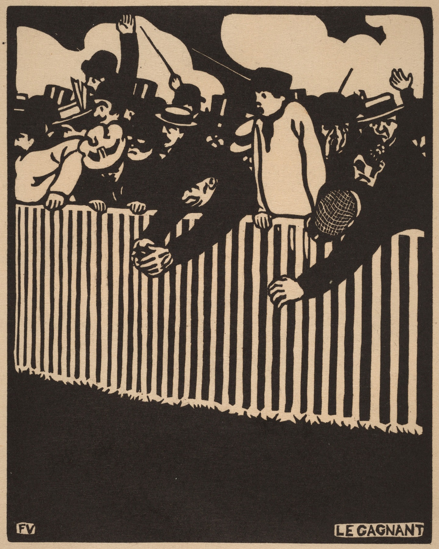 Black and pale shapes describe a crowd leaning toward a railing in Vallotton’s Le Gagnant.