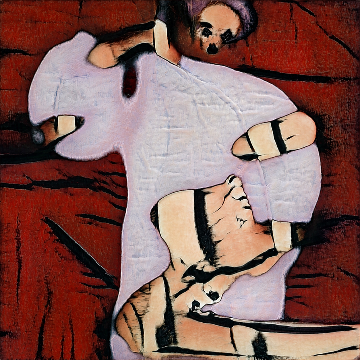 Broad black bands and the edge between pale lavender and red areas in Whispart’s Unfinished Rite digital image.