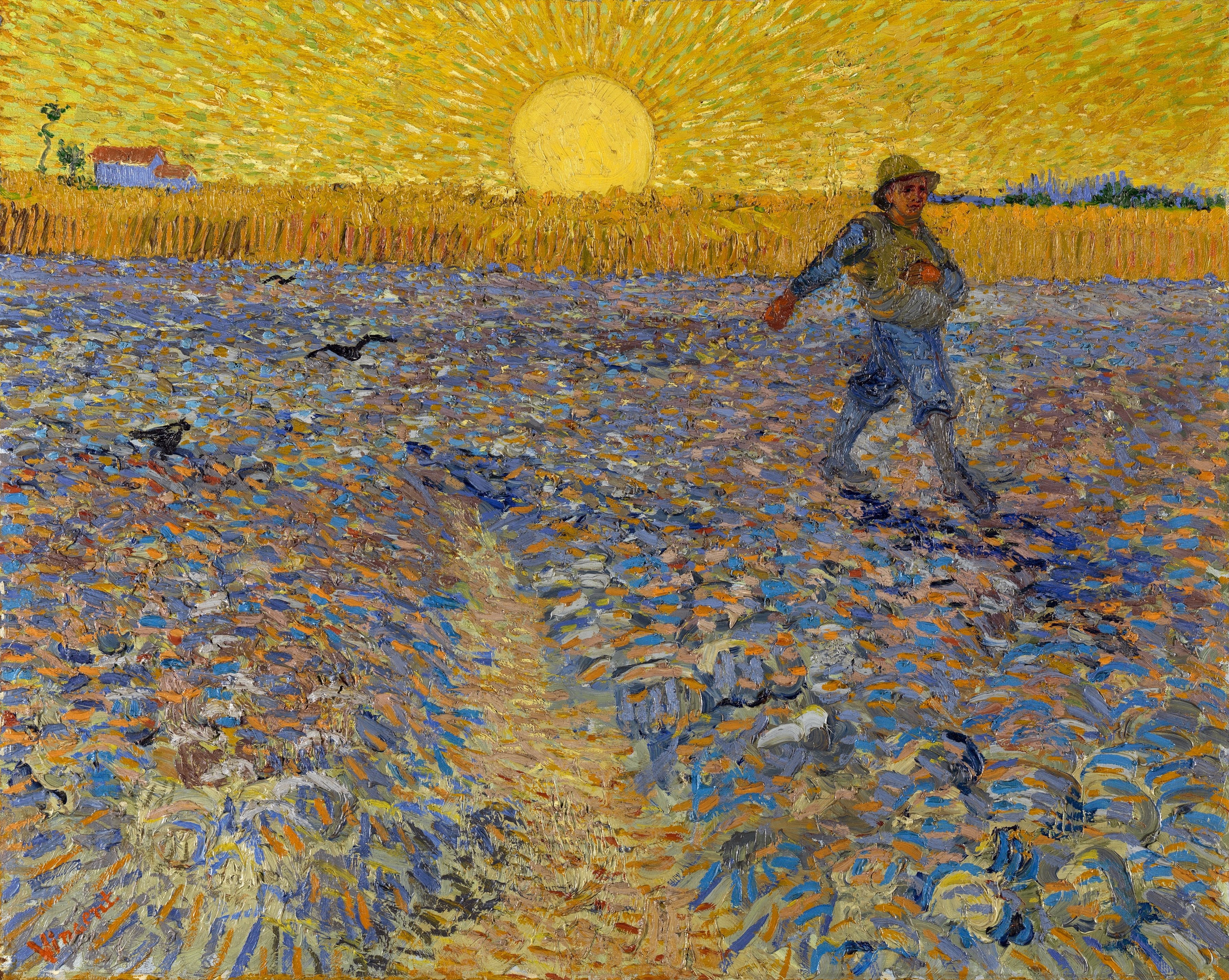 A sower crosses a field of blue-violet and orange strokes below a band of yellow wheat and a large yellow sun.