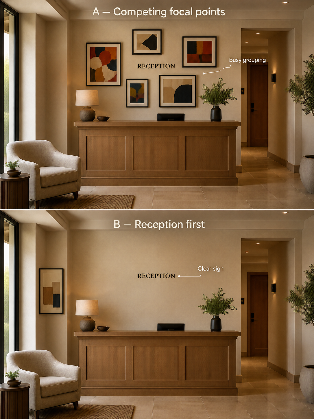 AI-generated comparison of a fictional boutique hotel reception: a cluster of artworks competes around the sign in A; B leaves the sign clear and places one quieter work on the side wall.