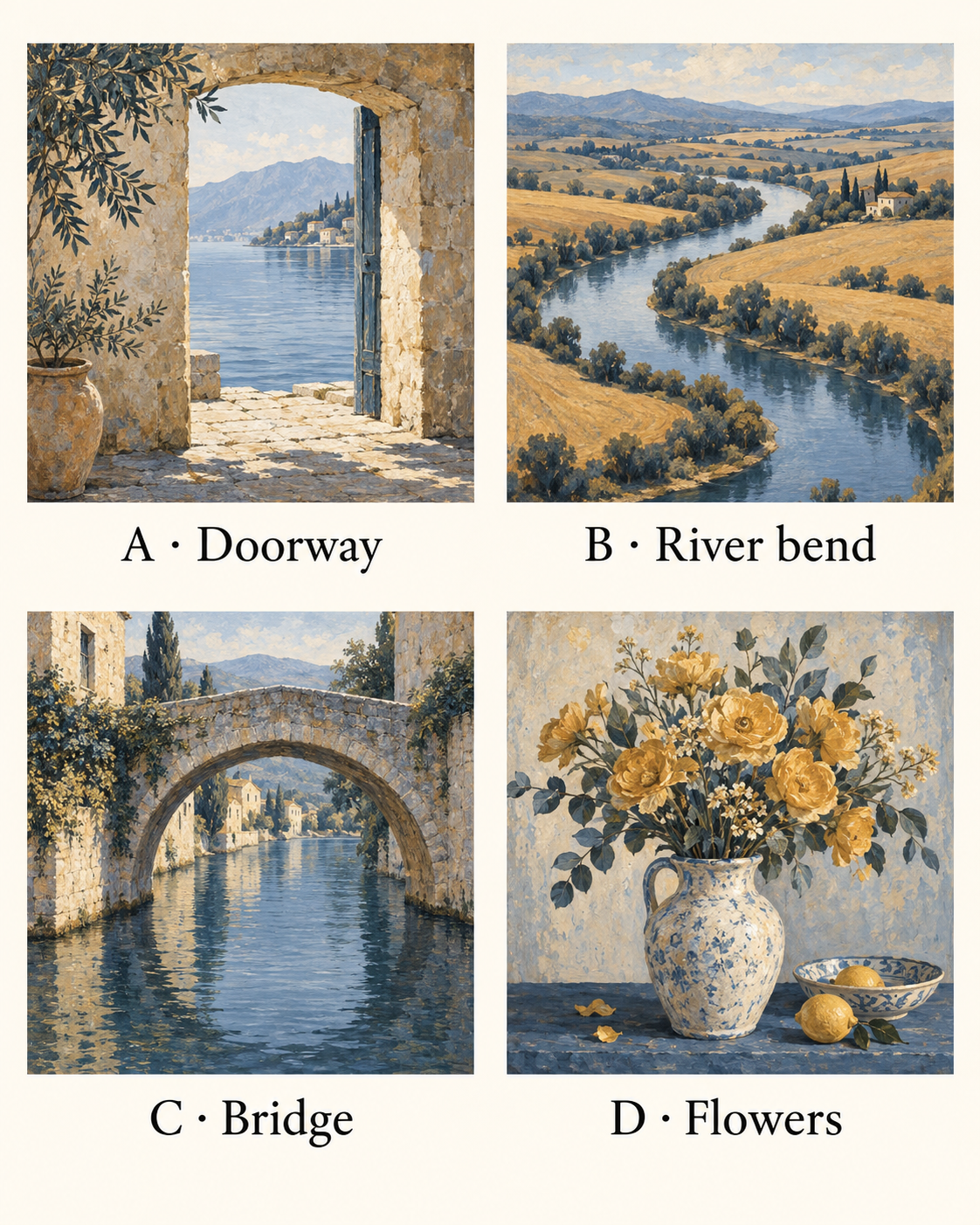 Four blue-and-ochre teaching pictures: A a doorway opening onto water, B a winding river, C a stone bridge over a canal, D a vase of flowers.