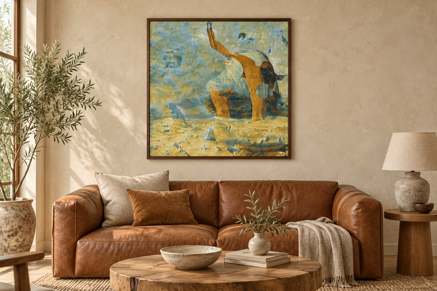 Illustrative art-hotel lounge with a framed blue-and-ochre WhispArt artwork above a tan sofa; AI-generated room and frame.