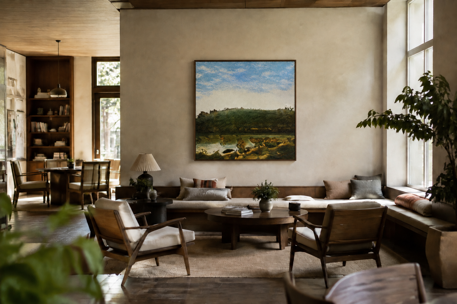 Hills Remember, a blue-sky and green landscape artwork, shown in a dark frame above seating in an illustrated hotel lounge.