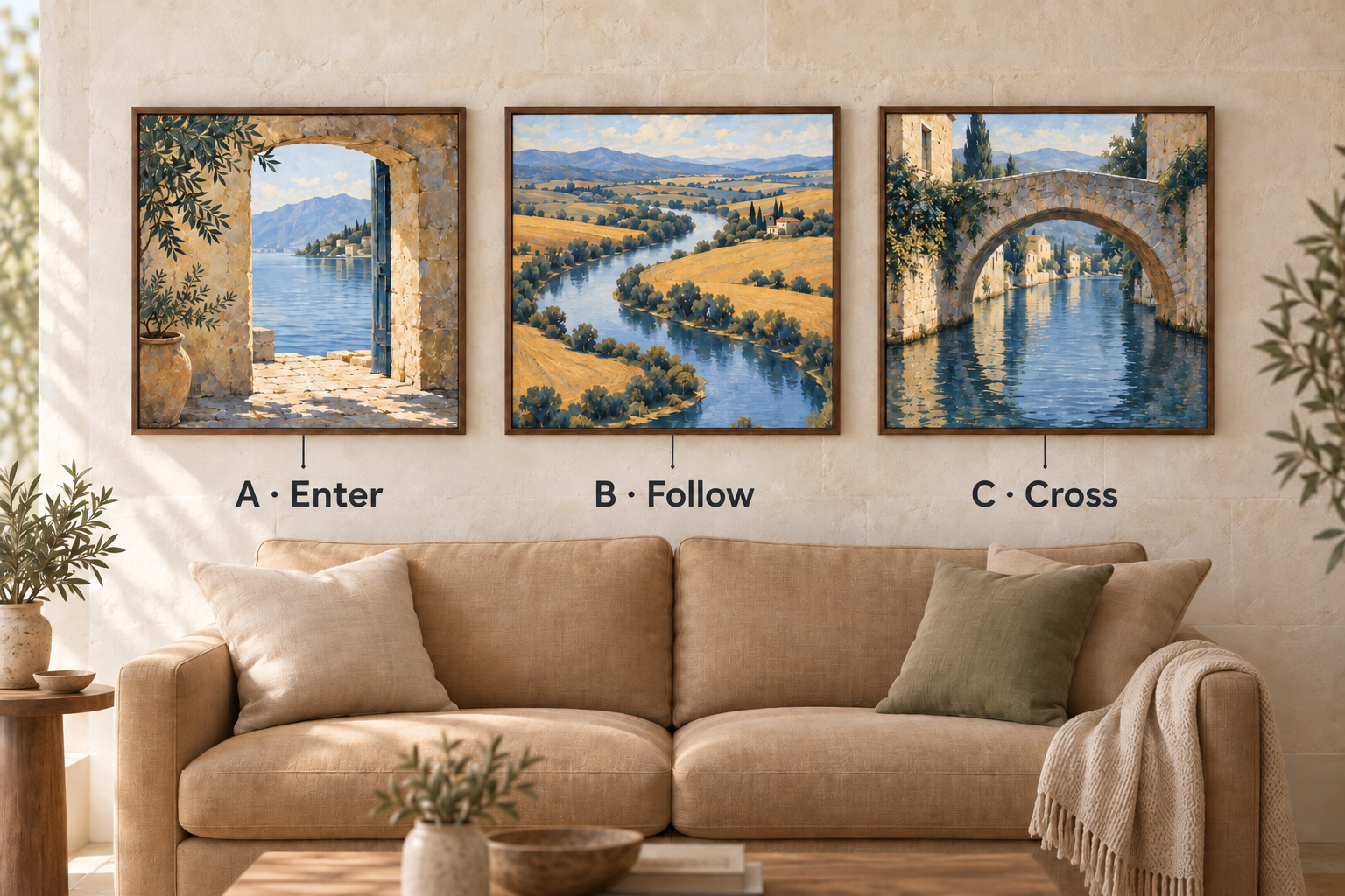 Illustrative lounge with the selected doorway A, river bend B and bridge C in a row above a sofa; labels connect each picture to its role.