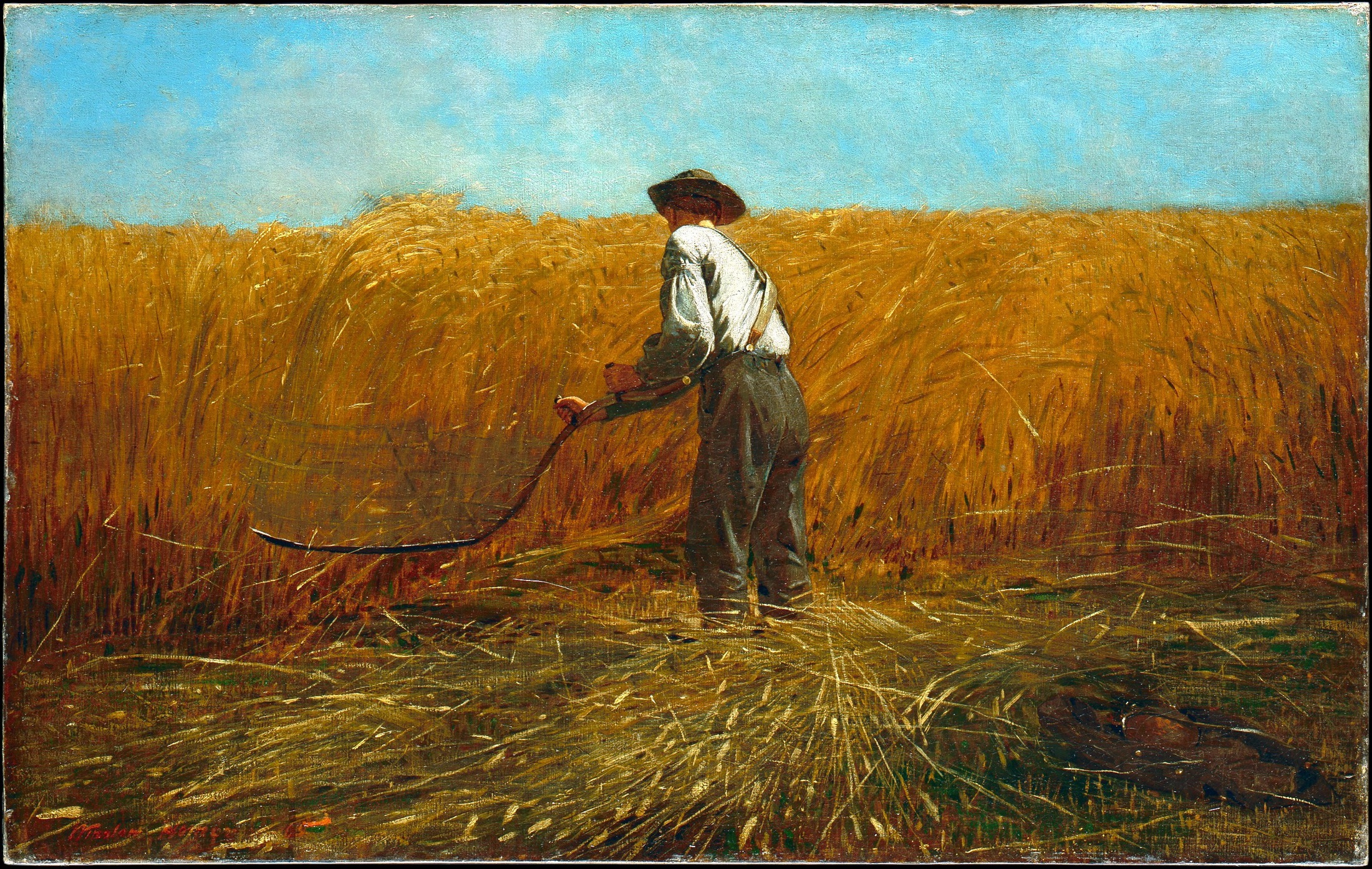 A reaper in a white shirt stands in dense golden wheat beneath a broad blue sky.
