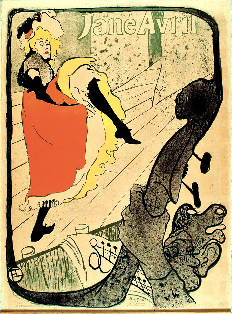 Jane Avril dances in an orange-red dress beneath green lettering, with the curved black silhouette of a musician and double bass in the foreground.