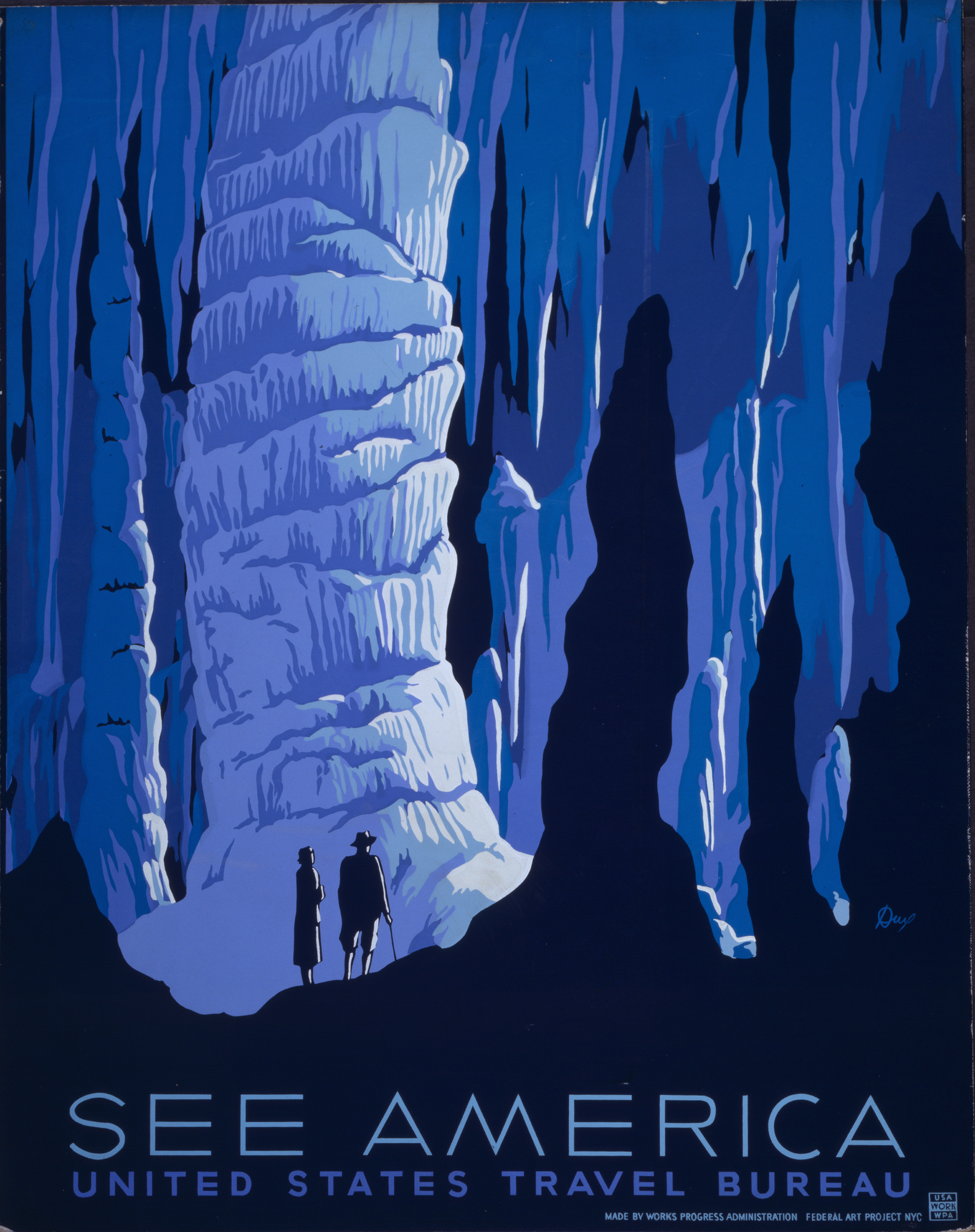 A blue WPA travel poster shows towering cave formations and two tiny silhouetted visitors above the words See America and United States Travel Bureau.