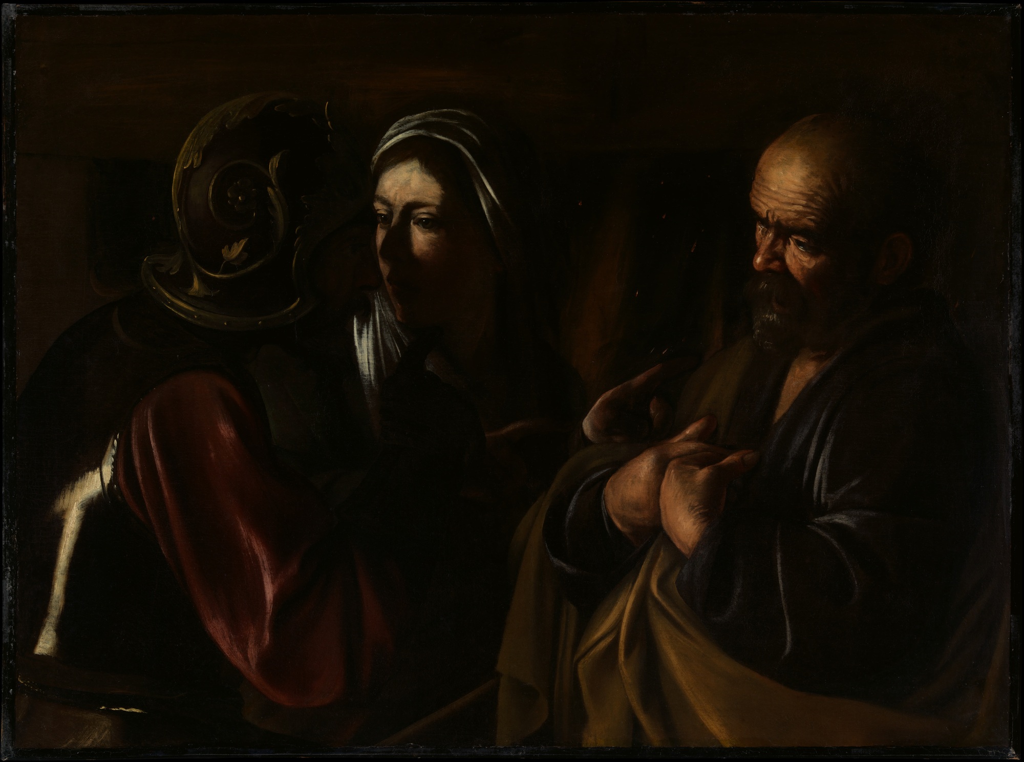 Three half-length figures emerge from a dark background; light falls on the woman’s face and the older man’s face and raised hands.