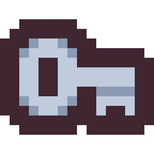 A pixel-art gray key has a dark outline, an open head, a narrow shaft and small teeth.
