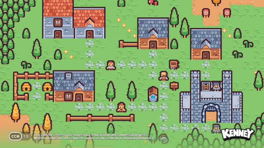 A pixel-art village scene has orange and blue roofed houses, green trees, pale paths, a well and a gray castle on grass, with the author’s CC0 and Kenney footer retained.